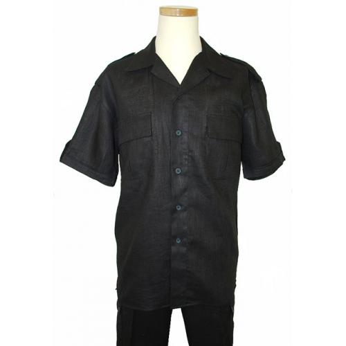 Successos 100% Linen Solid Black 2 Pc Safari Outfit SP3222